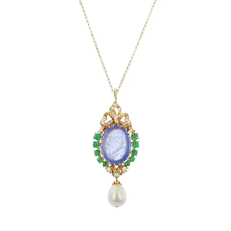 Women’s gold pendant necklace-Carved Sapphire, Diamond, Emerald, and Pearl Pendant