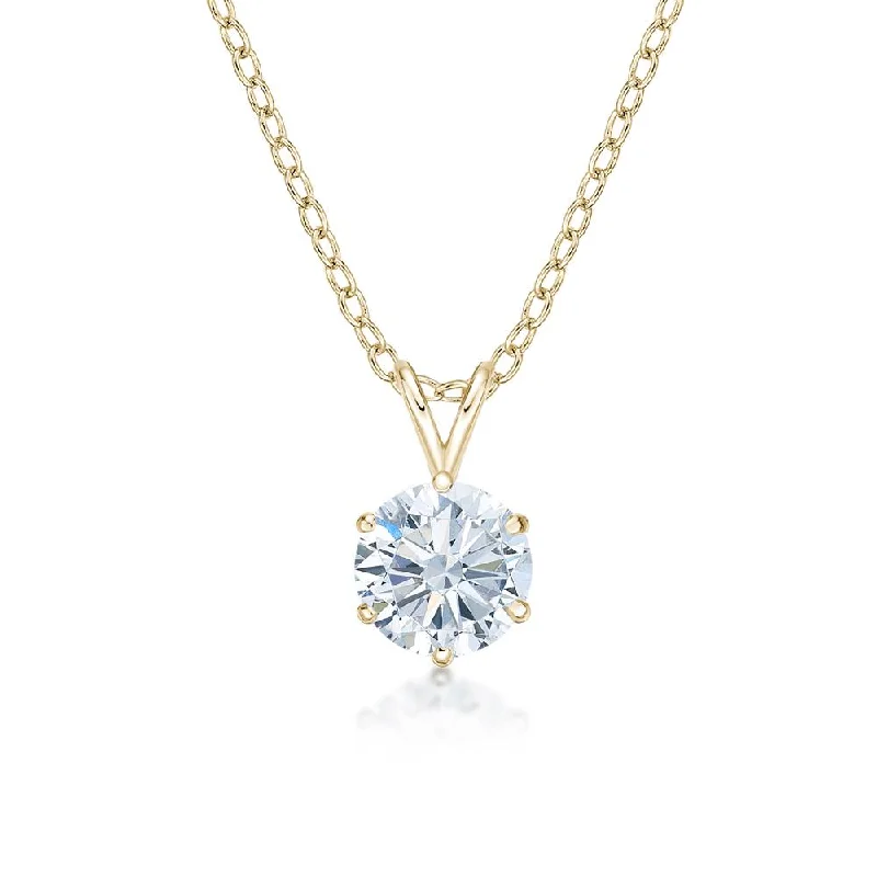 Women’s luxury gemstone necklace-Round Brilliant solitaire pendant with 2 carat* diamond simulant in 10 carat yellow gold