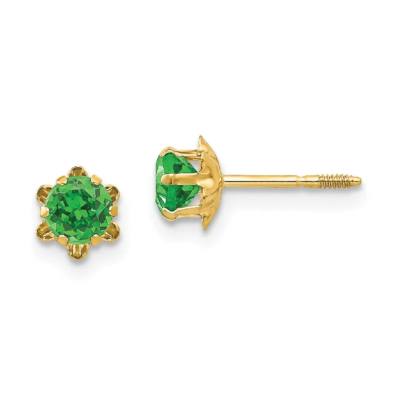 Women’s twisted hoop earrings-4MM Simulated Emerald Stud Earrings in 14KT Yellow Gold