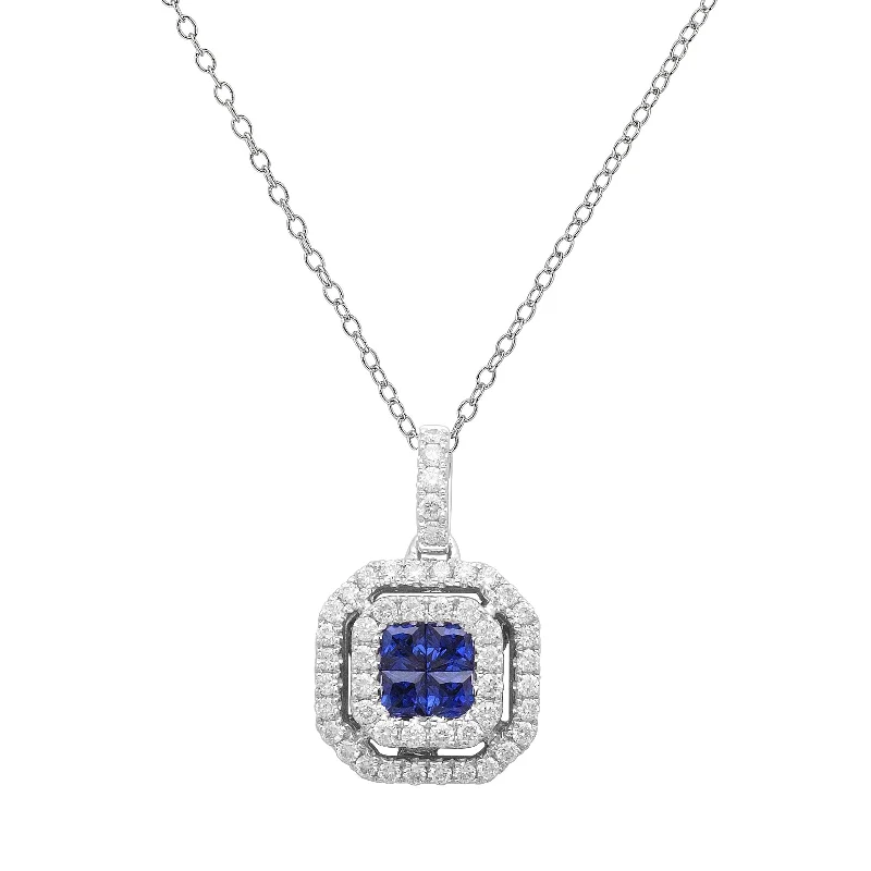 Women’s tennis necklace-Square Sapphire and Diamond Pendant, 18K White Gold