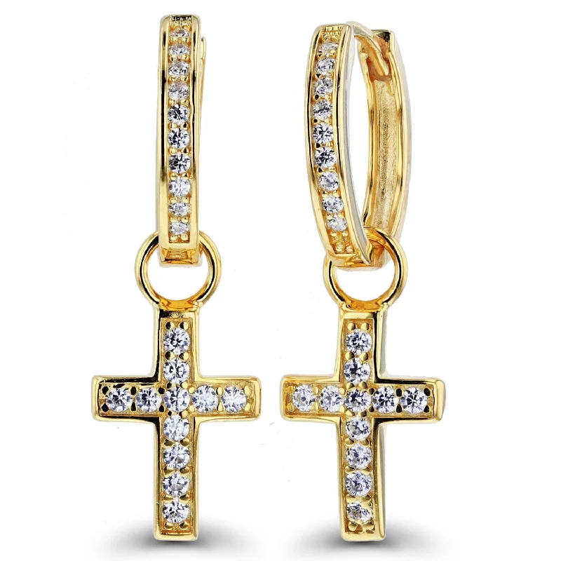 Women’s statement earrings-Luxe Layers 14KT Yellow Gold Plated Sterling Silver Round Cubic Zirconia 9X30MM Cross Hoop Drop & Dangle Earrings