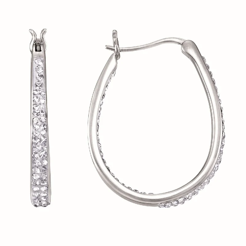 Women’s art deco earrings-Simone I Smith Collection Platinum Plated Sterling Silver Crystal 25X3MM Oval Hoop Earrings