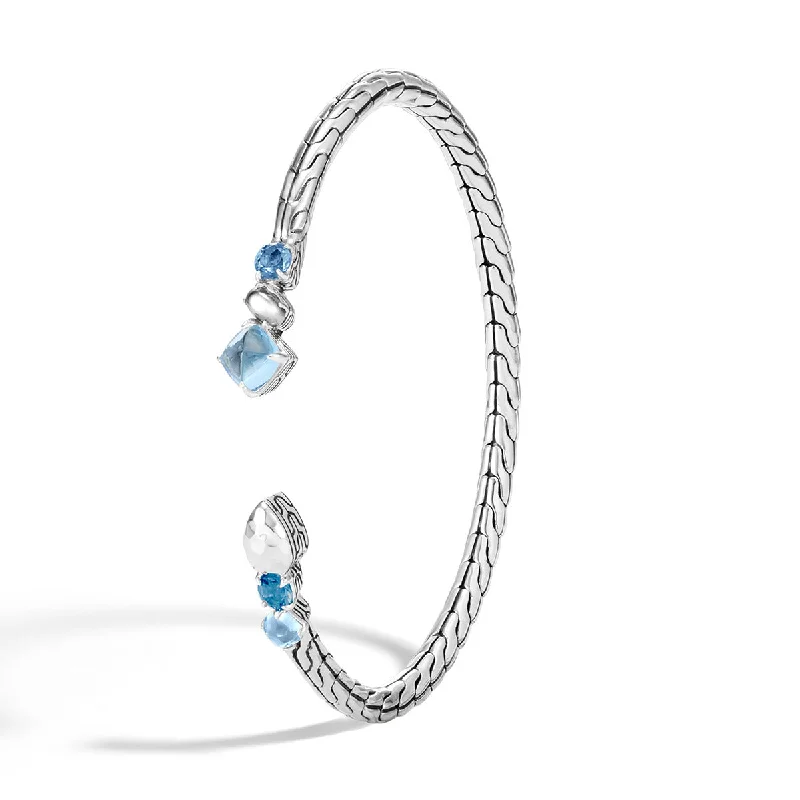 Women’s choker necklace-Classic Chain Hammered Silver Flex Cuff with London Blue Topaz, Swiss Blue Topaz and Silver Calcite