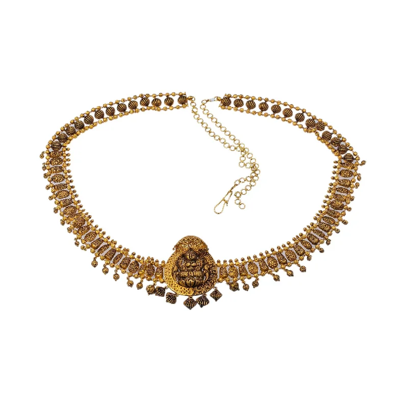 Women’s ruby necklace-22K Yellow Gold Antique Beaded Laxmi Vaddanam Waist Belt W/ Adjustable Gold Chain Belt, 134.7gm