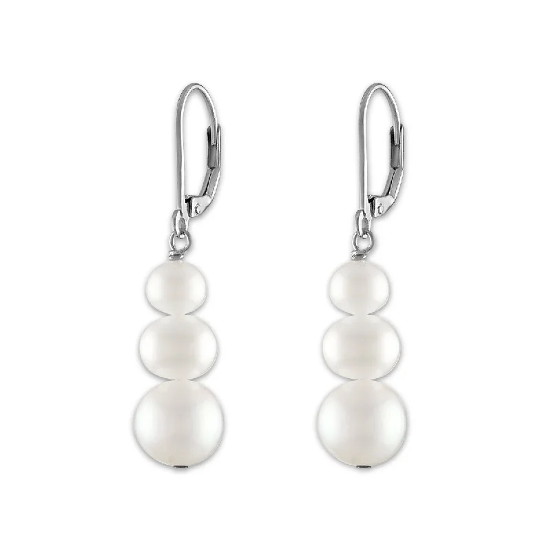 Women’s casual earrings-Round Pearl Drop & Dangle Three Stone 6-8MM Fresh Water Earrings in Rhodium Plated Sterling Silver