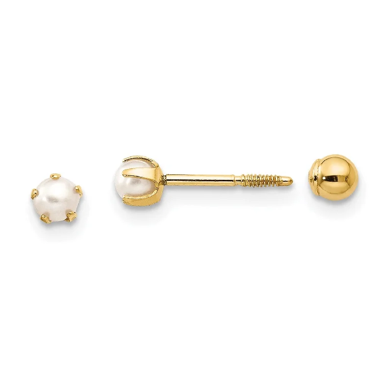 Women’s vibrant earrings-3MM Round Pearl Reversible Ball Stud Earrings in 14KT Yellow Gold