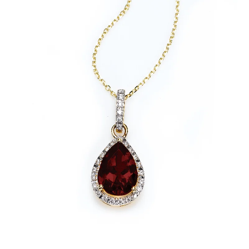 Women’s heart pendant necklace-Pear Shape Garnet and Diamond Halo Pendant, 14K Yellow Gold