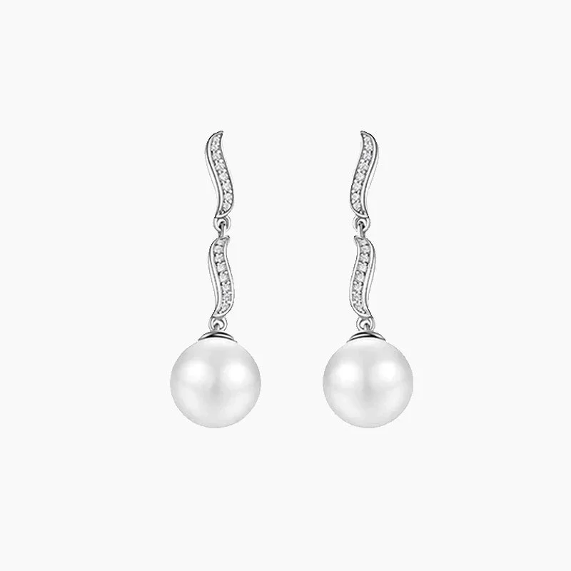 Women’s round earrings-Sterling Silver Ripple Dangle Pearl Earrings