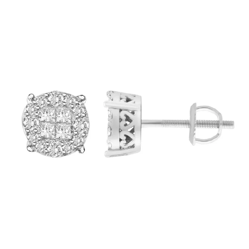 Women’s simple stud earrings-LADIES STUD EARRINGS 1.50CT ROUND/PRINCESS DIAMOND 14K WHITE GOLD