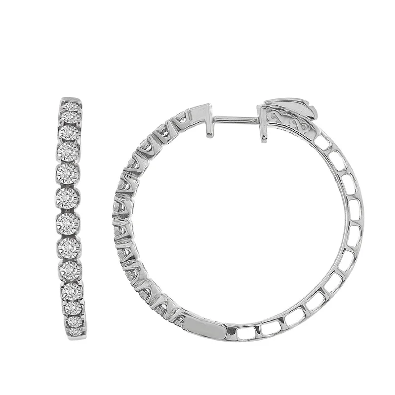 Women’s gemstone earrings-LADIES HOOP EARRINGS 1.00CT ROUND DIAMOND 10K WHITE GOLD