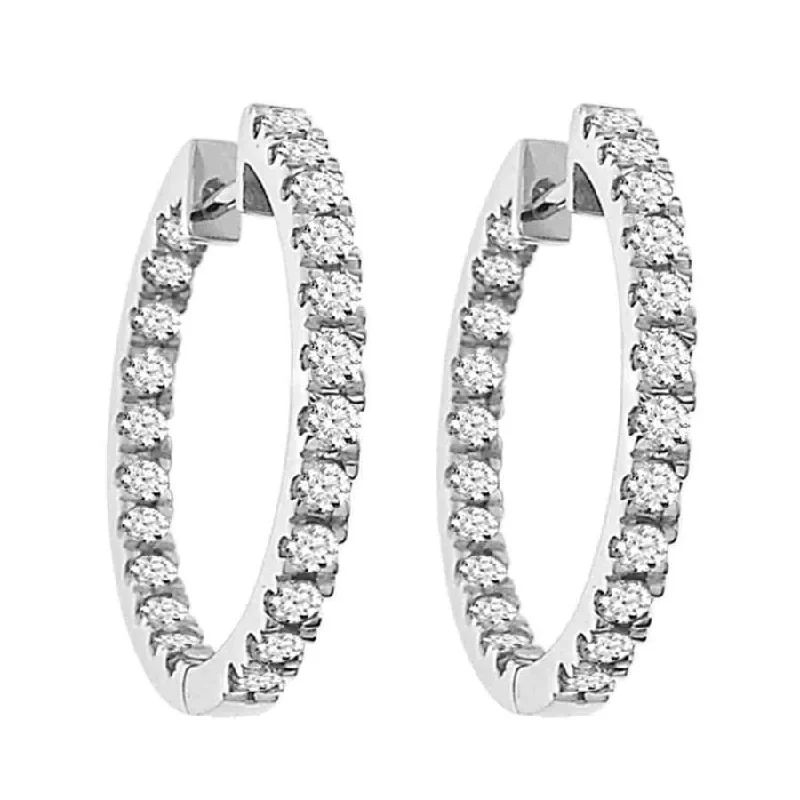 Women’s gold hoop earrings-LADIES HOOPS EARRINGS 1.50CT ROUND DIAMOND 14K WHITE GOLD