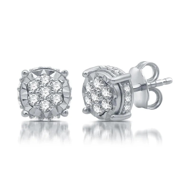 Women’s fashion earrings-1/3 CTW Diamond Halo Illusion Set Stud Earrings in Rhodium Plated Sterling Silver