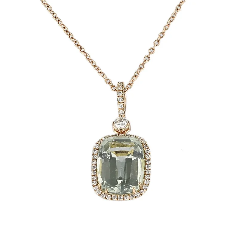 Women’s ribbon necklace-Cushion-Cut Prasiolite and Diamond Halo Pendant