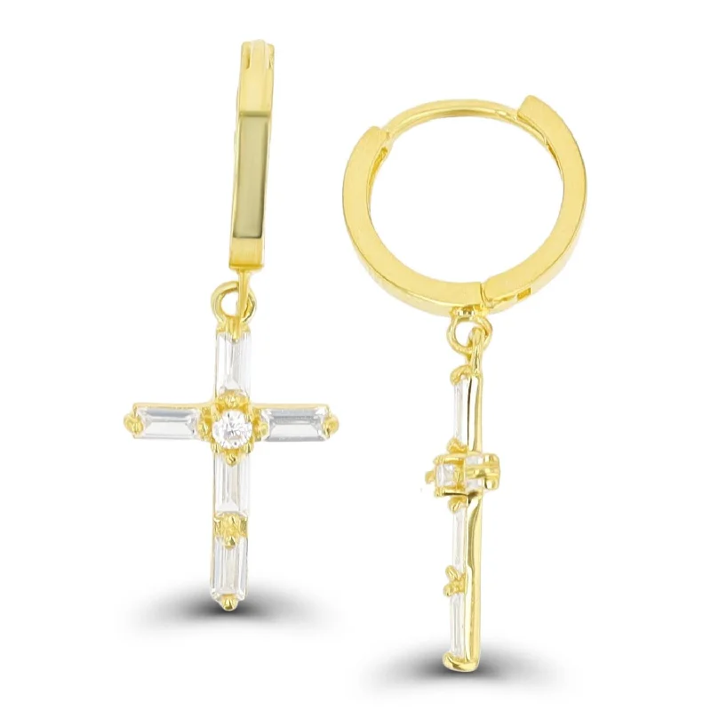 Women’s vintage-inspired earrings-14KT Yellow Gold Baguette Cubic Zirconia Drop & Dangle Cross Earrings