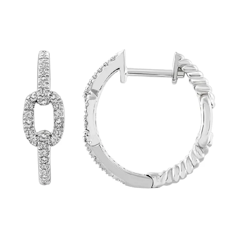 Women’s art deco earrings-LADIES HOOP EARRINGS 0.15CT ROUND DIAMOND 10K WHITE GOLD