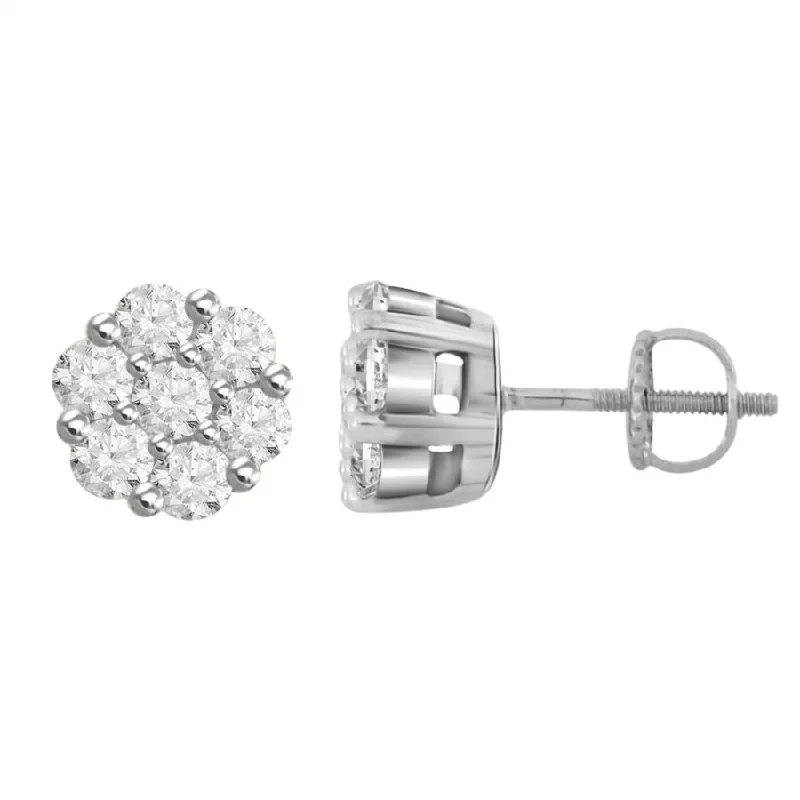 Women’s rose gold earrings-LADIES FLOWER EARRINGS 1.00CT ROUND DIAMOND 14K WHITE GOLD