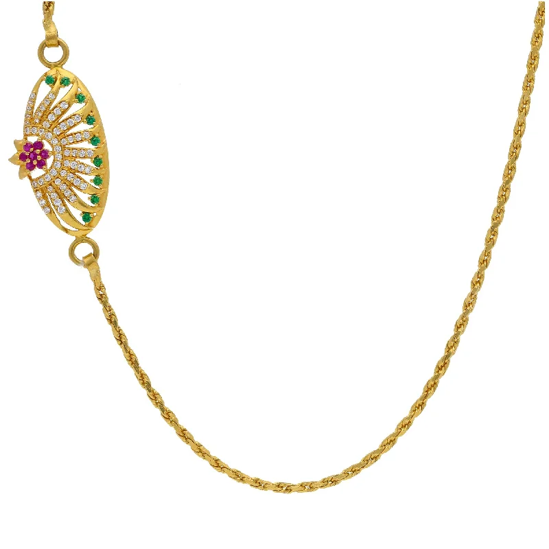 Women’s square pendant necklace-22K Yellow Gold Fancy Chain W/ Rubies, Emeralds, CZ Gems & Ornate Side Pendant