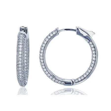 Women’s floral earrings-Sterling Silver Cubic Zirconia 3X25MM Safety Clasp In & Out Hoop Earrings