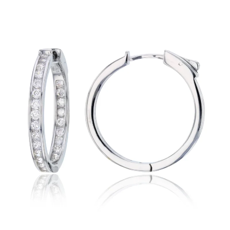 Women’s contemporary earrings-Sterling Silver Round Cubic Zirconia 25X3MM Safety Clasp In & Out Hoop Earrings