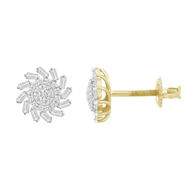 Women’s contemporary earrings-LADIES EARRINGS 0.33CT ROUND/BAGUETTE DIAMOND 10K YELLOW GOLD