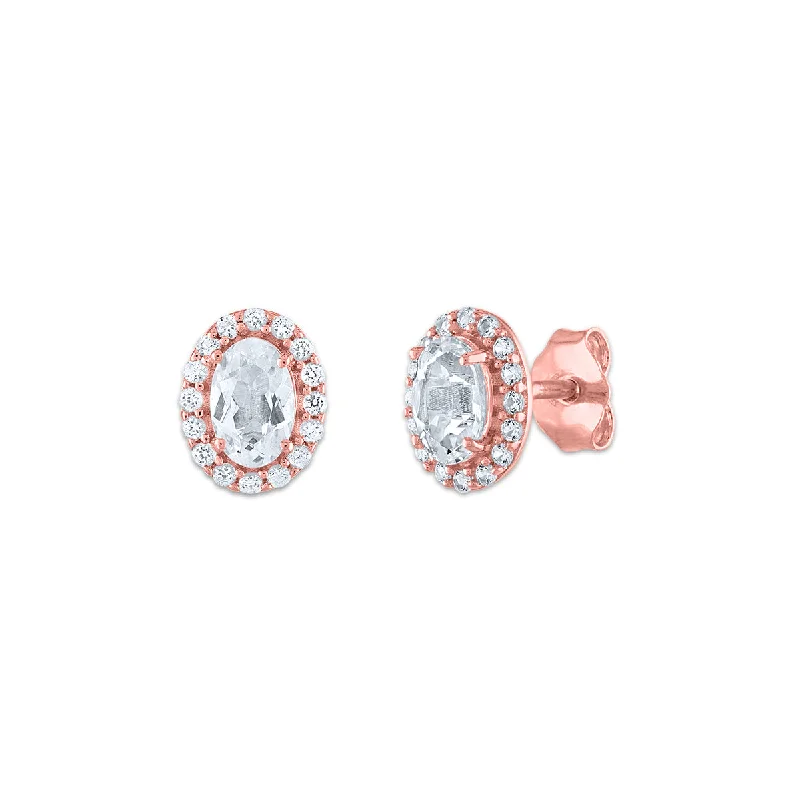 Women’s ruby earrings-6X4MM Oval Topaz and Sapphire Birthstone Halo Stud Earrings in 10KT Rose Gold