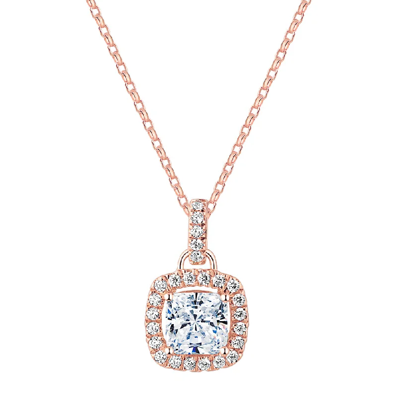 Women’s fashionable necklace-Halo pendant with 1.85 carats* of diamond simulants in 10 carat rose gold