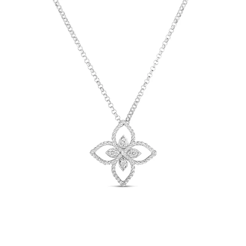 Women’s customized necklace-18K White Gold Principessa Small Open Flower Pendant with Diamonds