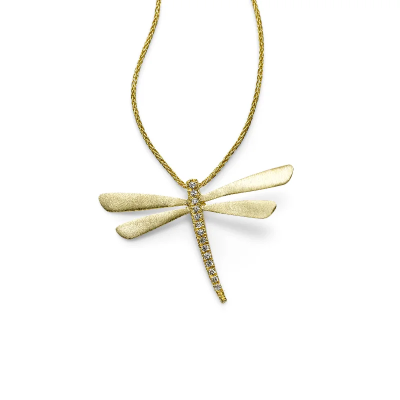 Women’s round pendant necklace-Dragonfly Pendant with Diamonds, 14K Yellow Gold