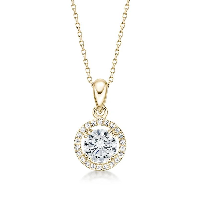 Women’s customized necklace-Halo pendant with 1.16 carats* of diamond simulants in 10 carat yellow gold