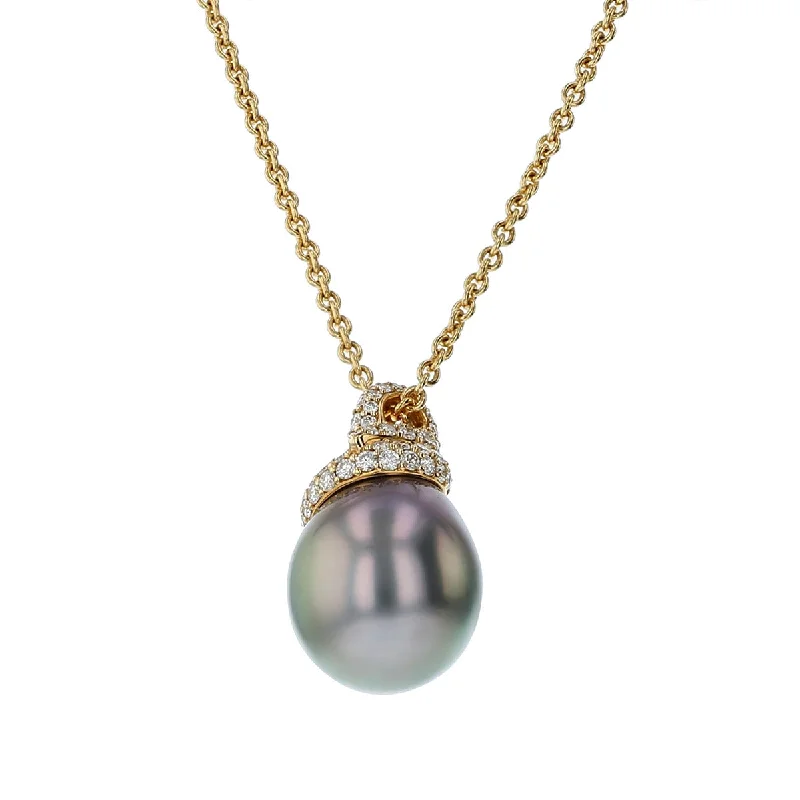 Women’s boho necklace-Black South Sea Pearl and Diamond Pendant