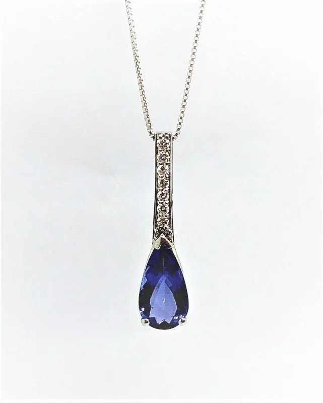 Women’s gold chain pendant necklace-Tanzanite Pear Pendant with Diamond in 14k White gold