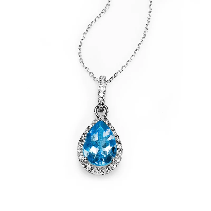 Women’s chic necklace-Pear Shape Blue Topaz and Diamond Halo Pendant, 14K White Gold