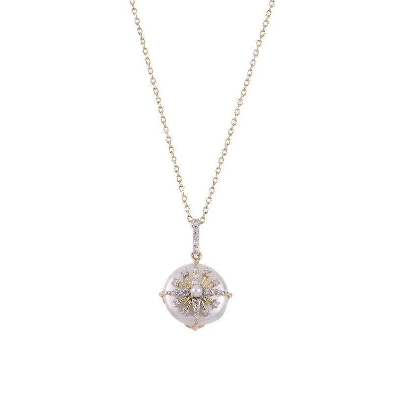 Women’s pearl necklace-Coin Pearl and Diamond Pendant, 14K Yellow Gold