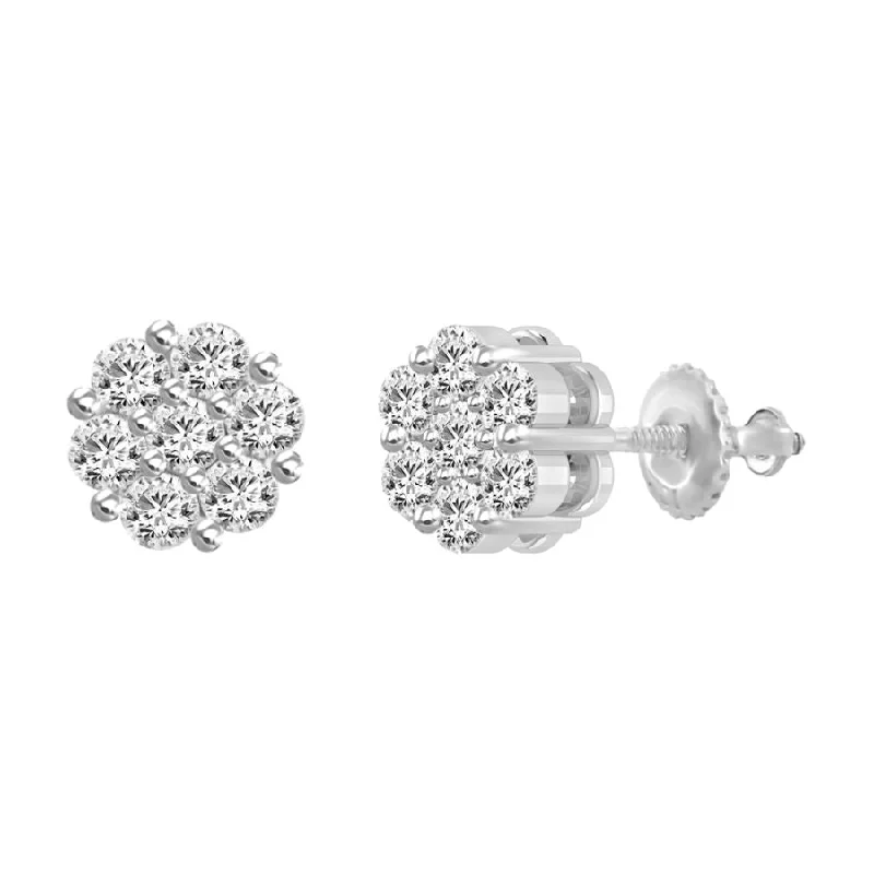 Women’s double hoop earrings-LADIES FLOWER EARRINGS 3.00CT ROUND DIAMOND 14K WHITE GOLD