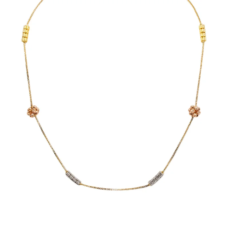 Women’s ribbon necklace-22K Multi Tone Gold Chain W/ Detailed Pipe Beads & Rose Gold Cluster Bead Balls