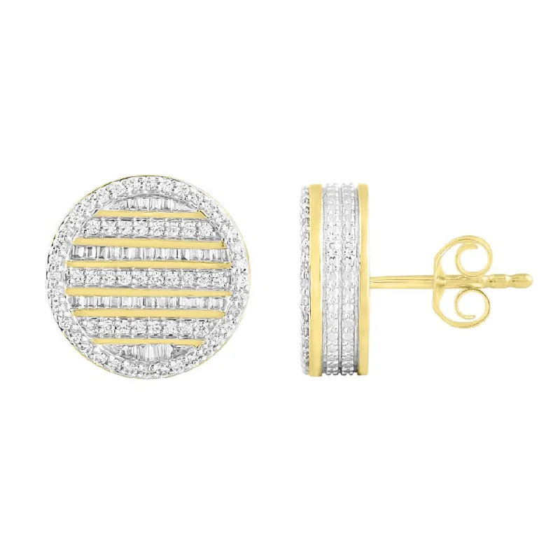 Women’s large dangle earrings-MEN'S STUD EARRINGS 1.00CT ROUND/BAGUETTE DIAMOND 10K YELLOW GOLD