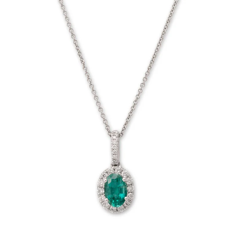 Women’s sapphire necklace-Emerald and Diamond Halo Pendant, 14K White Gold