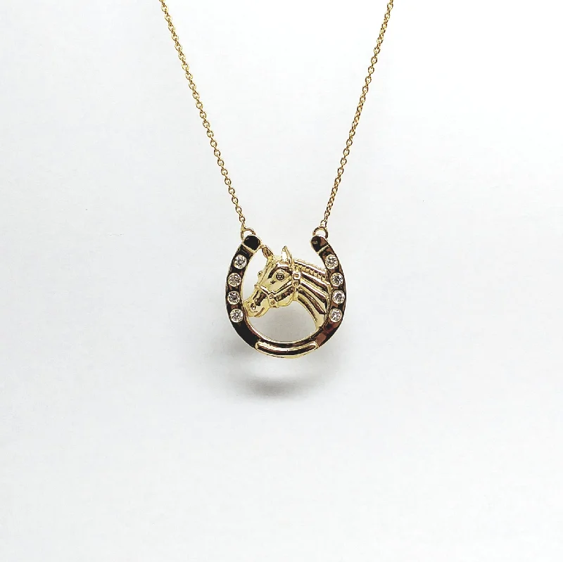 Women’s pendant necklace-Diamond Horseshoe with Horse Pendant in Yellow Gold