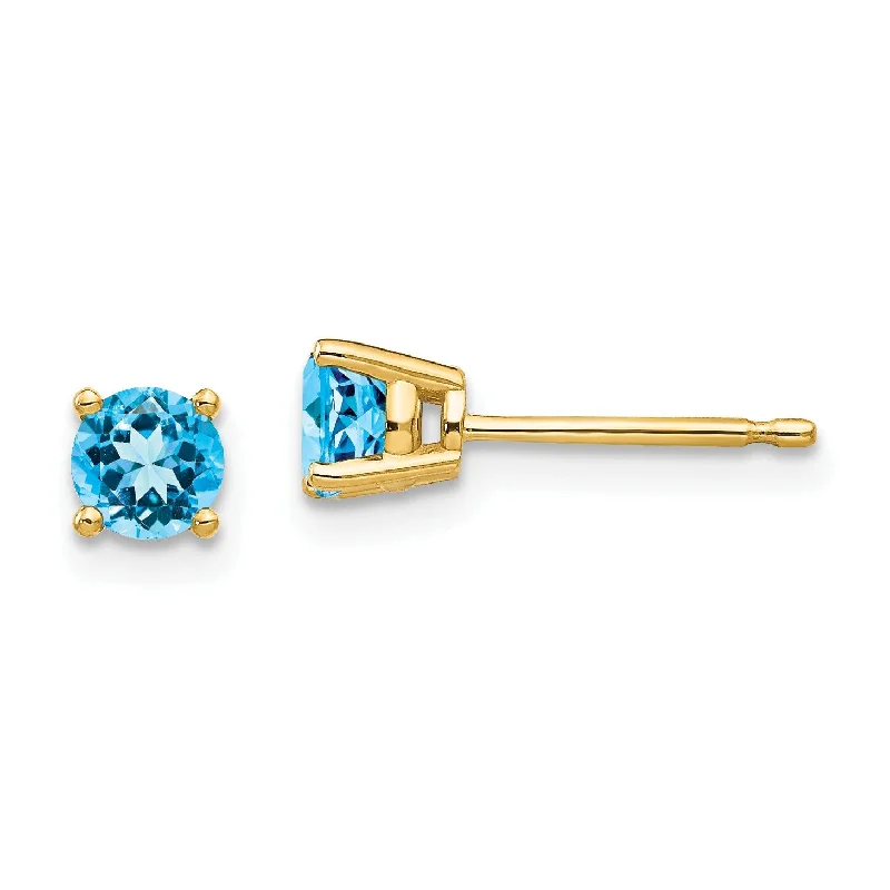 Women’s vintage-inspired earrings-4MM Round Swiss Blue Topaz Stud Earrings in 14KT Yellow Gold