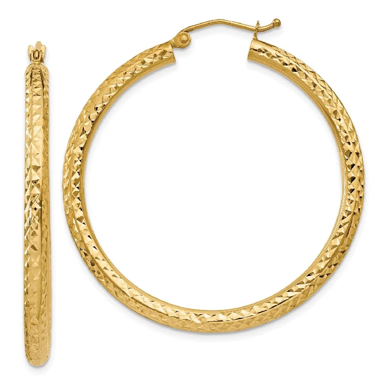 Women’s statement earrings-14KT Yellow Gold 40X3MM Diamond-cut Hoop Earrings