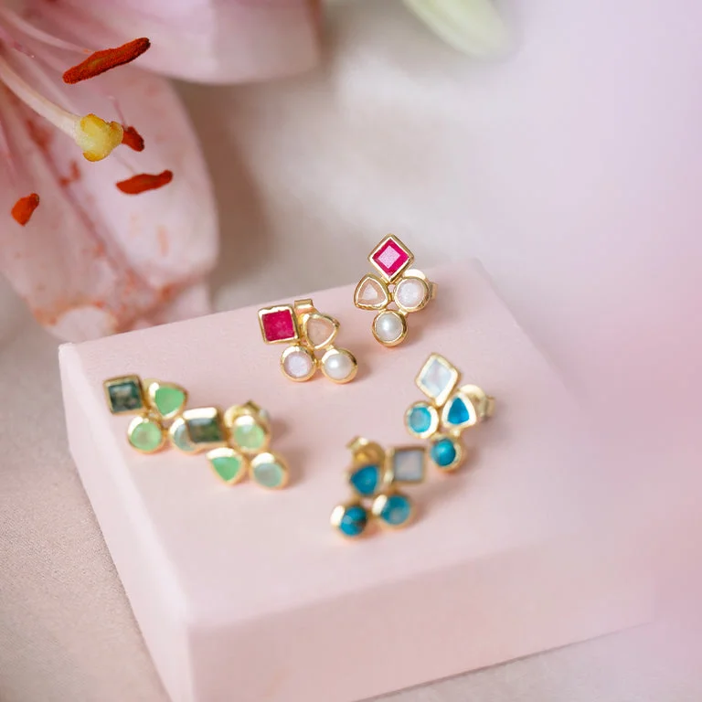 Women’s round earrings-Gemstone Cluster Studs