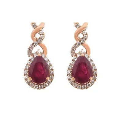 Women’s double drop earrings-6X4MM Pear Ruby and Diamond Stud Twist Earrings in 10KT Rose Gold