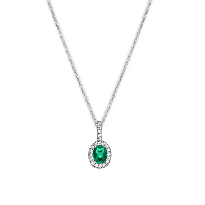 Women’s wedding necklace-Oval Emerald and Diamond Halo Pendant, 14K White Gold