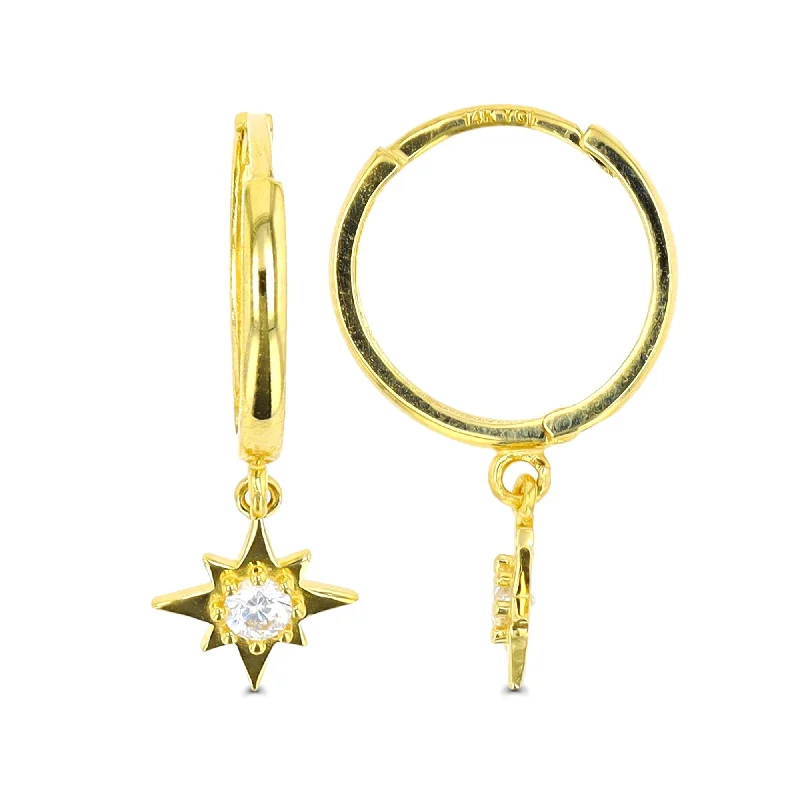 Women’s gold hoop earrings-14KT Yellow Gold 2.5MM Hoop Earrings with Dangling Star