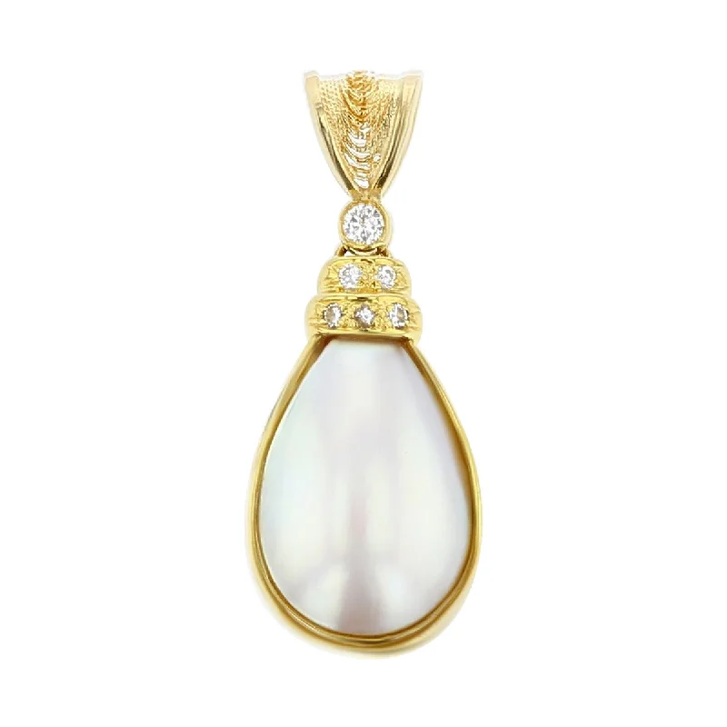 Women’s handmade necklace-14K Yellow Gold Mabe Pearl and Diamond Pendant