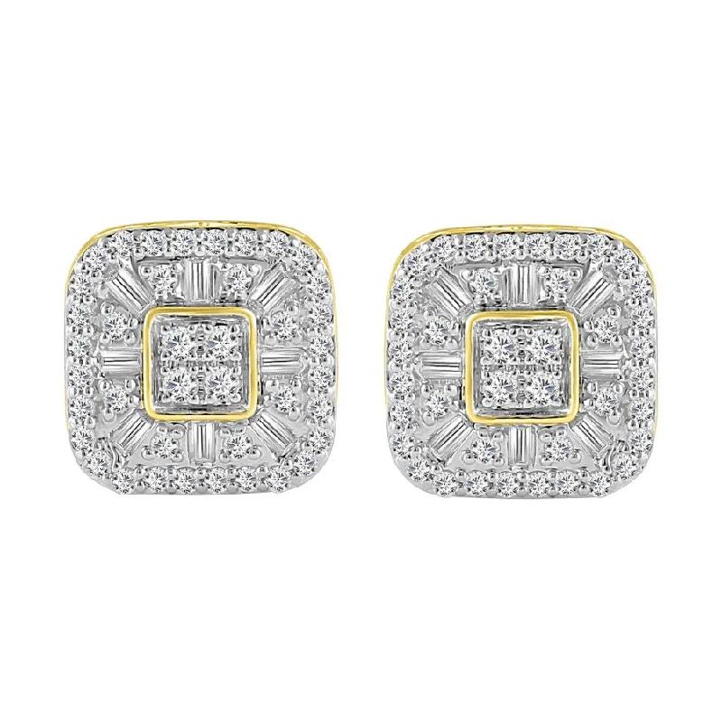 Women’s teardrop diamond earrings-LADIES STUD EARRINGS 1.00CT ROUND/BAGUETTE DIAMOND 10K YELLOW GOLD