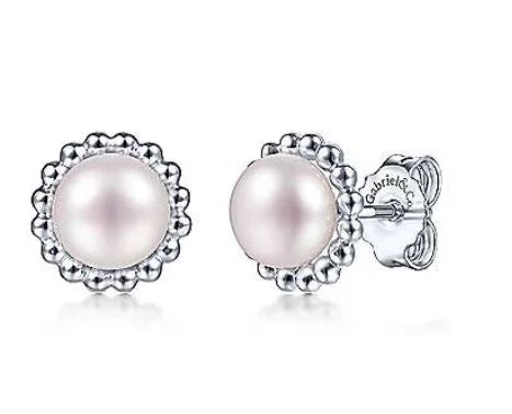 Women’s emerald cut earrings-925 Sterling Silver Plated Pearl with Beaded Frame Stud Earrings