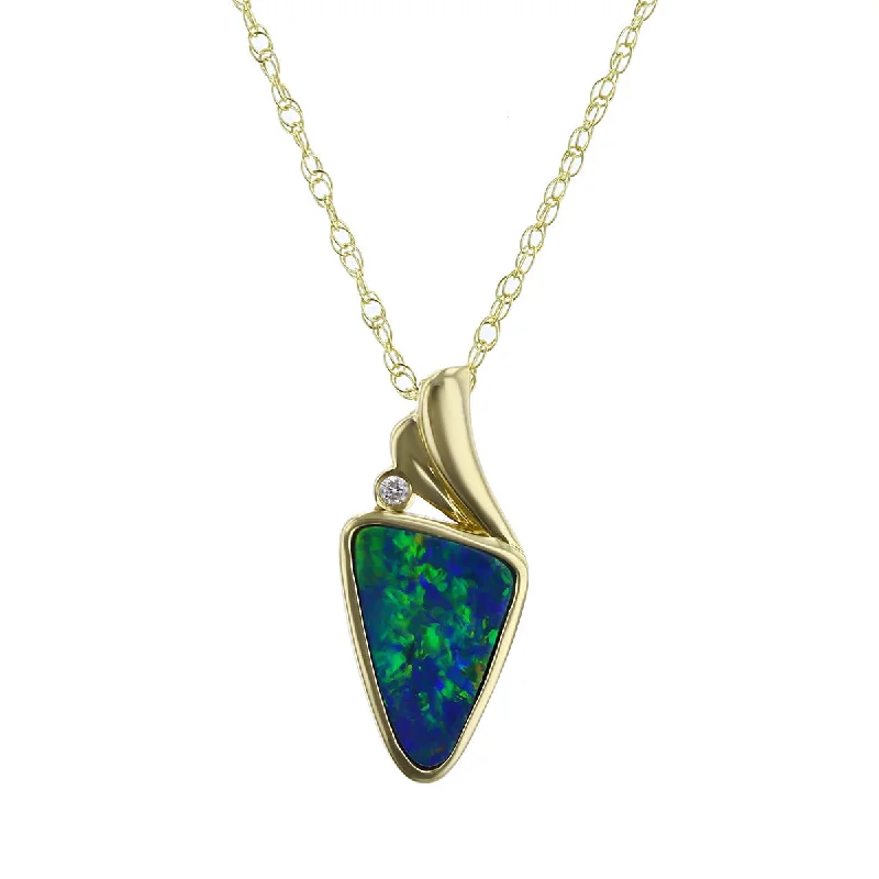 Women’s crystal pendant necklace-14K Yellow Gold Triangle Opal and Diamond Pendant