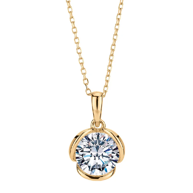 Women’s gemstone pendant necklace-Round Brilliant solitaire pendant with 1.28 carat* diamond simulant in 10 carat yellow gold