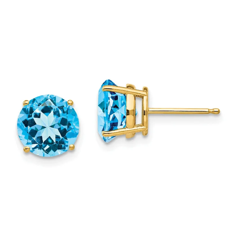 Women’s vibrant earrings-8MM Round Swiss Blue Topaz Stud Earrings in 14KT Yellow Gold